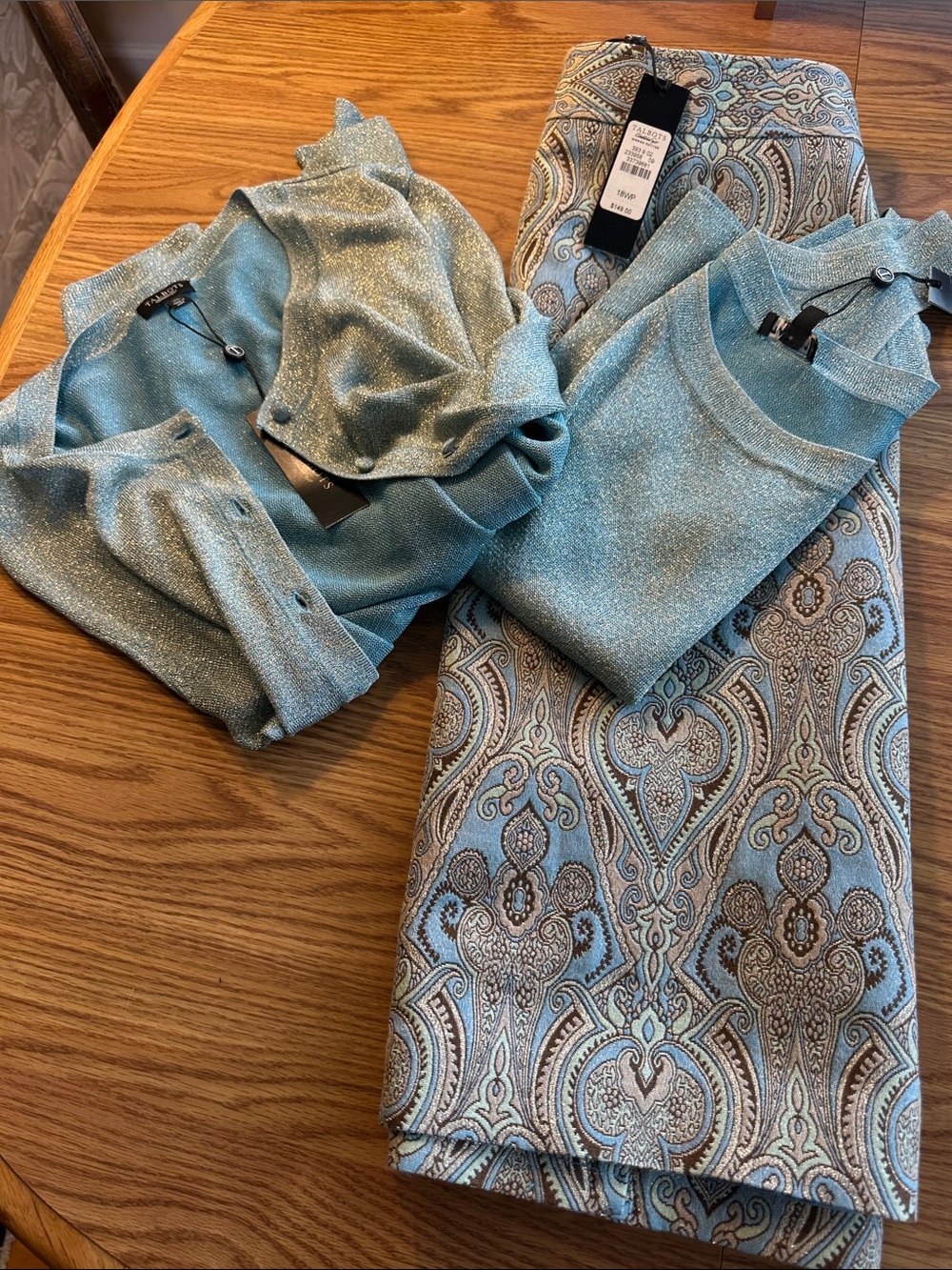 Talbots NWT skirt 18WP, & 2piece sweater set XL, sparkly gold, blue, & beige - Picture 14 of 14